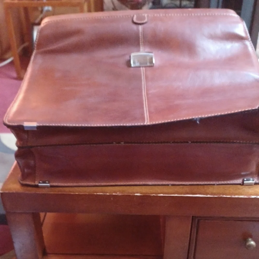 Brown Leather Briefcase with Polished Finish and Metal Hardware